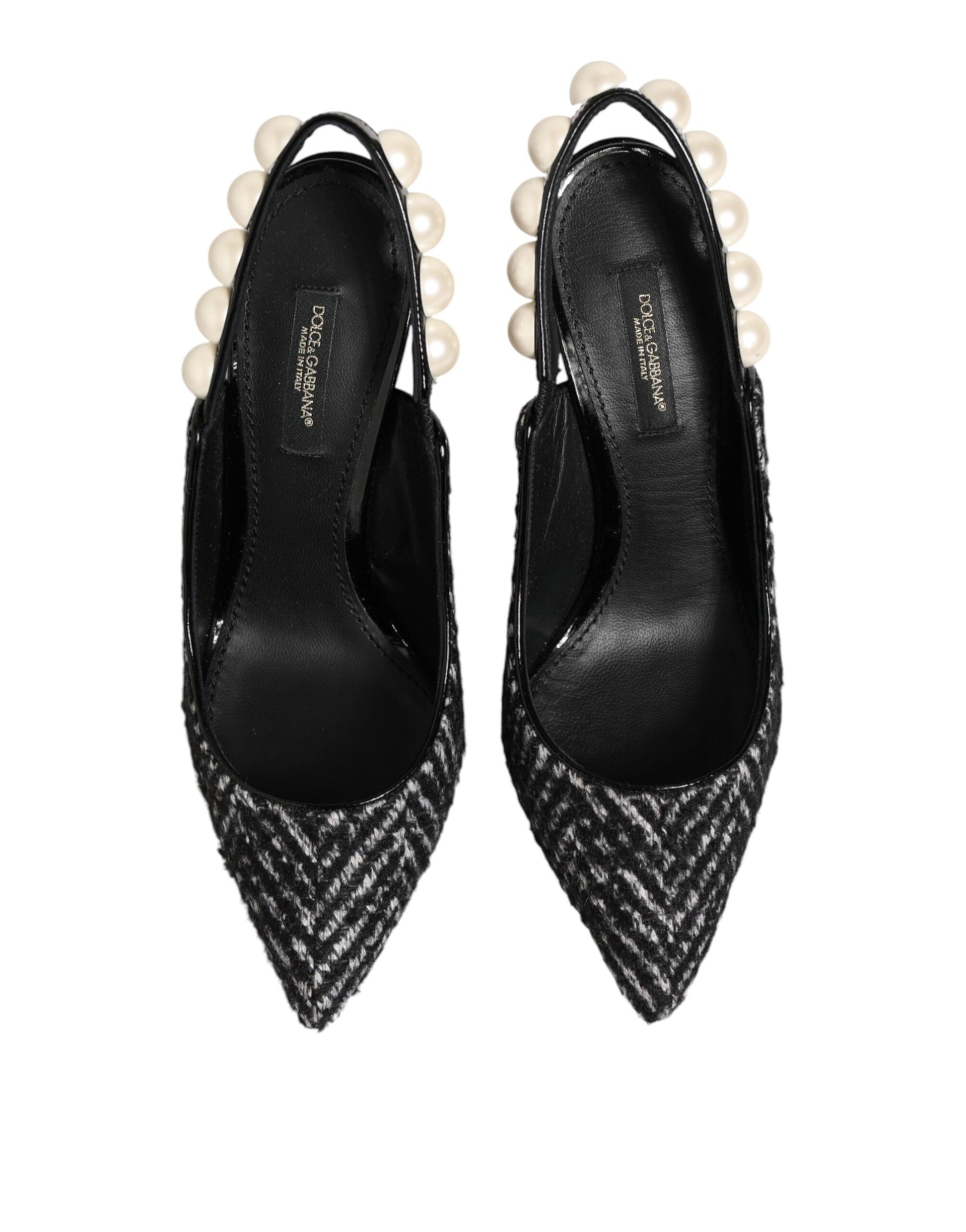 Dolce & Gabbana White Black Chevron Faux Pearl Slingbacks Shoes Curated Luxury Accessories by Orvyn