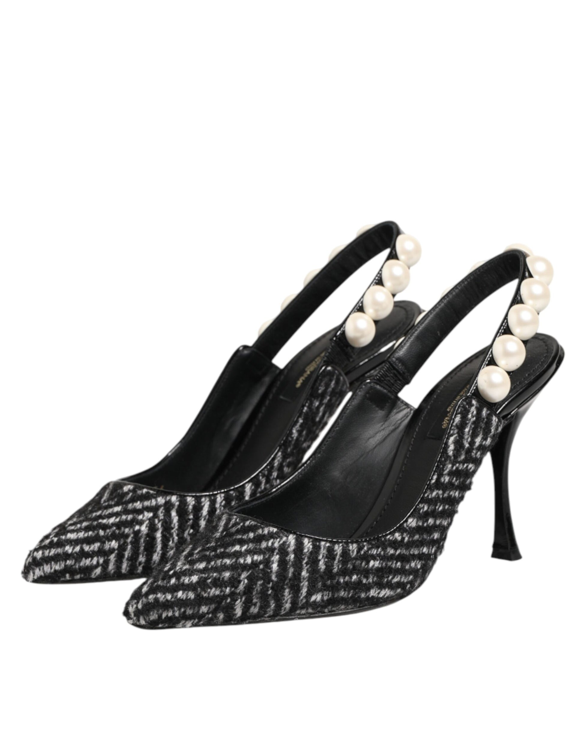 Dolce & Gabbana White Black Chevron Faux Pearl Slingbacks Shoes Curated Luxury Accessories by Orvyn