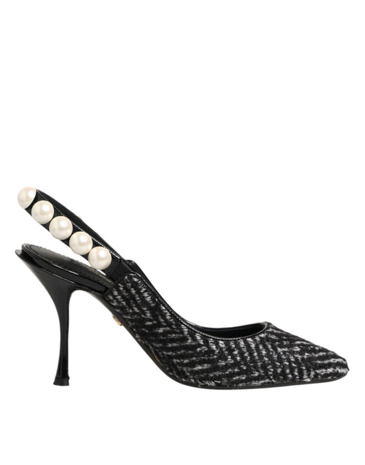 Dolce & Gabbana White Black Chevron Faux Pearl Slingbacks Shoes Curated Luxury Accessories by Orvyn