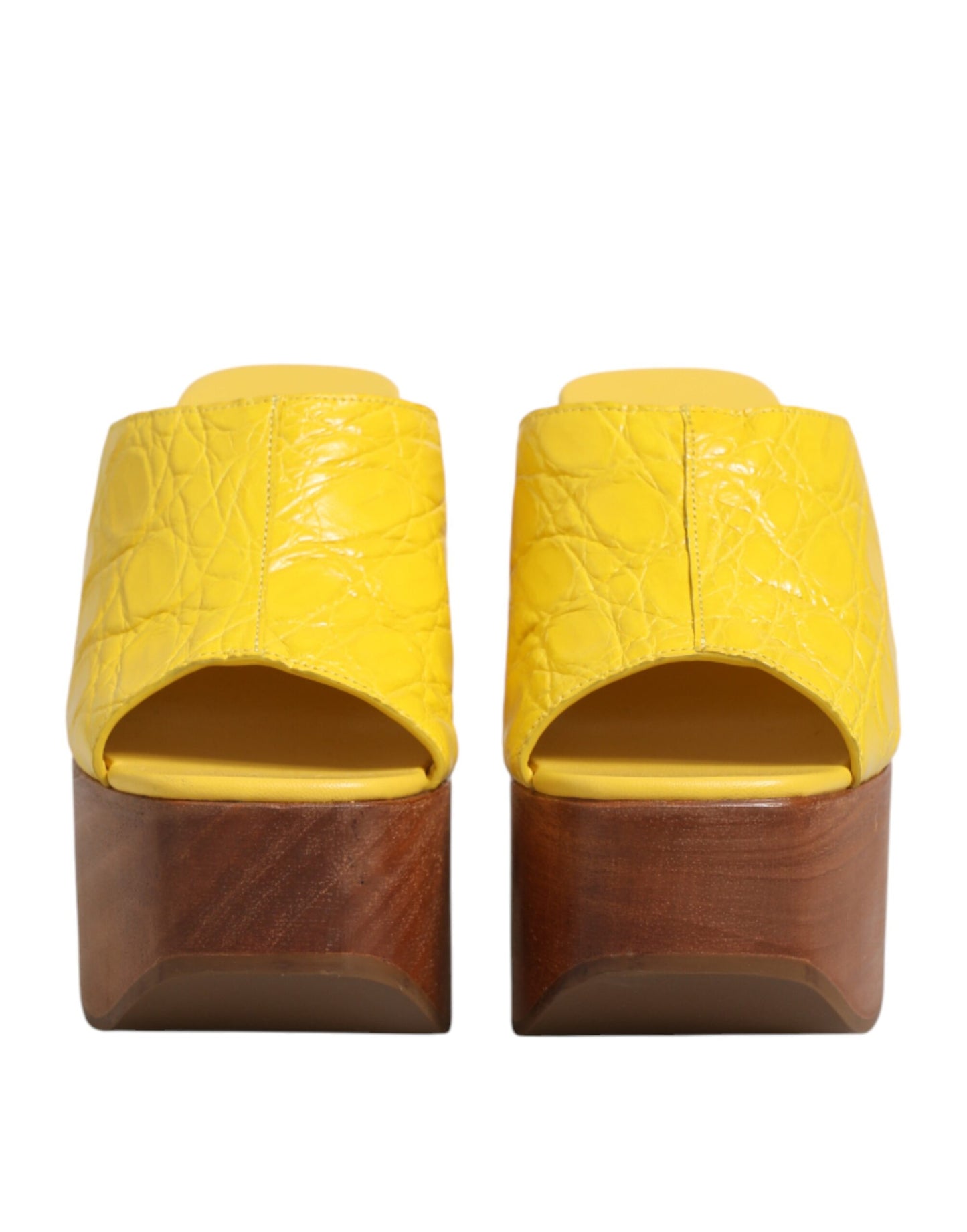 Dolce & Gabbana Yellow Leather Wood Mule Wedge Slides Shoes Curated Luxury Accessories by Orvyn