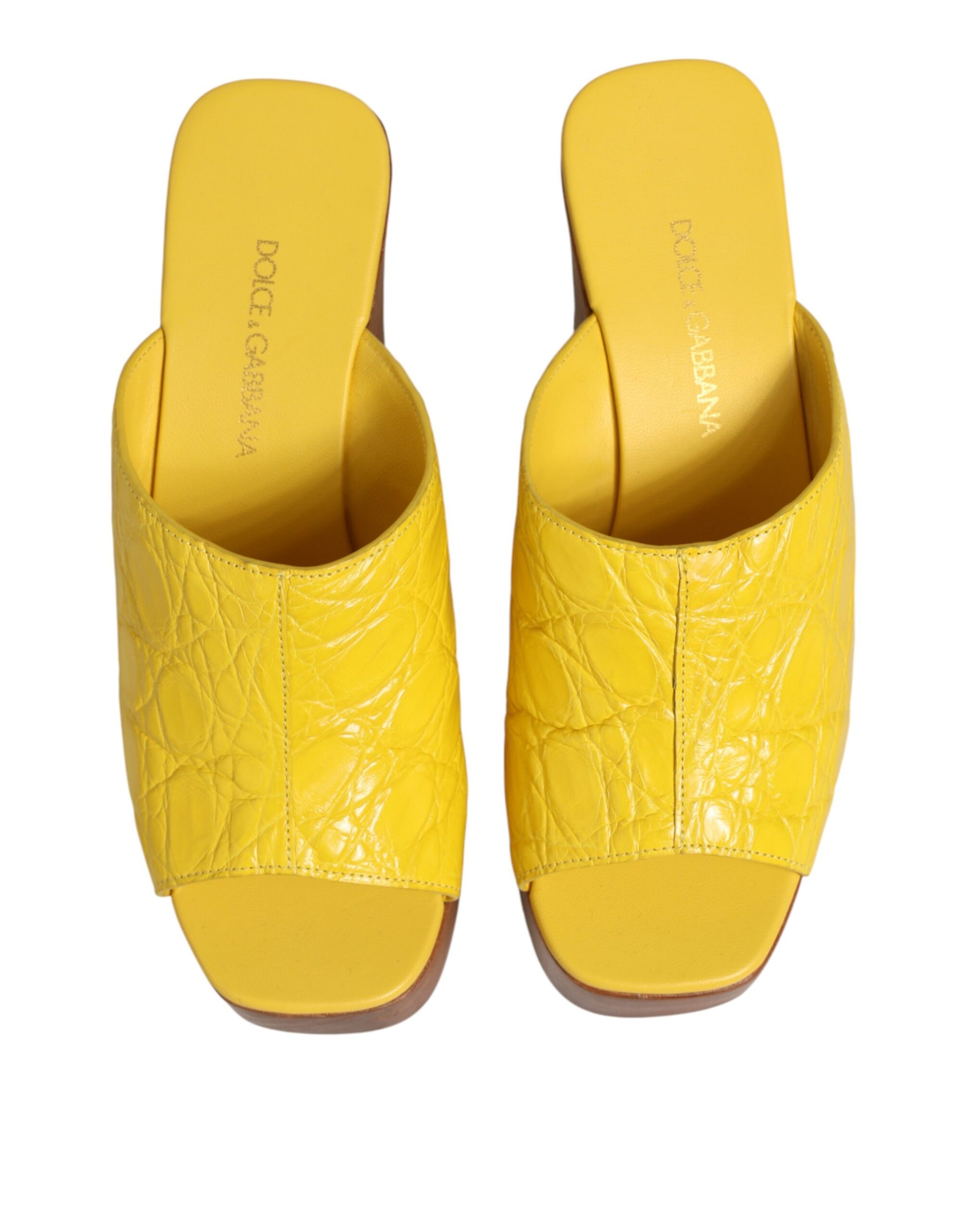 Dolce & Gabbana Yellow Leather Wood Mule Wedge Slides Shoes Curated Luxury Accessories by Orvyn