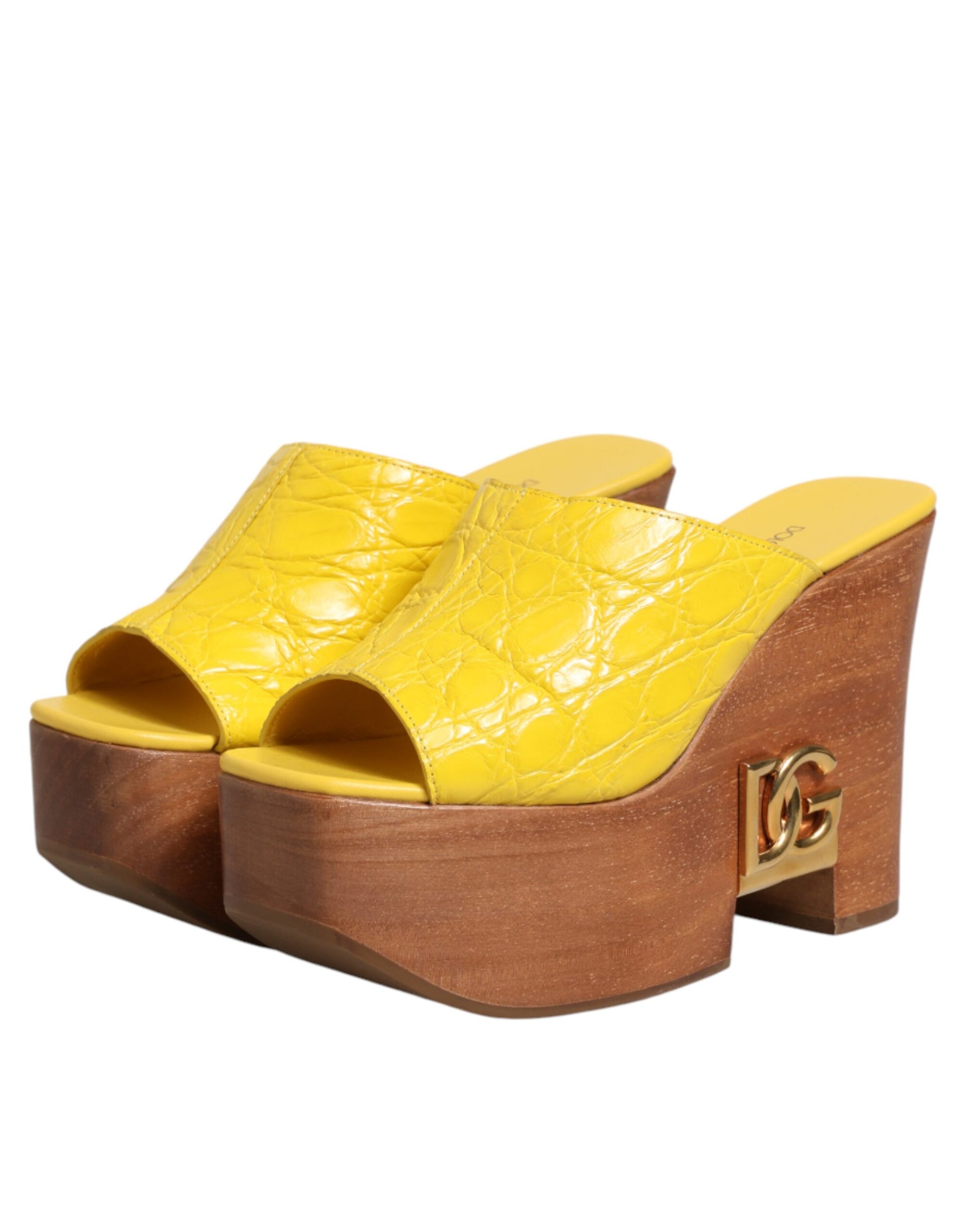 Dolce & Gabbana Yellow Leather Wood Mule Wedge Slides Shoes Curated Luxury Accessories by Orvyn
