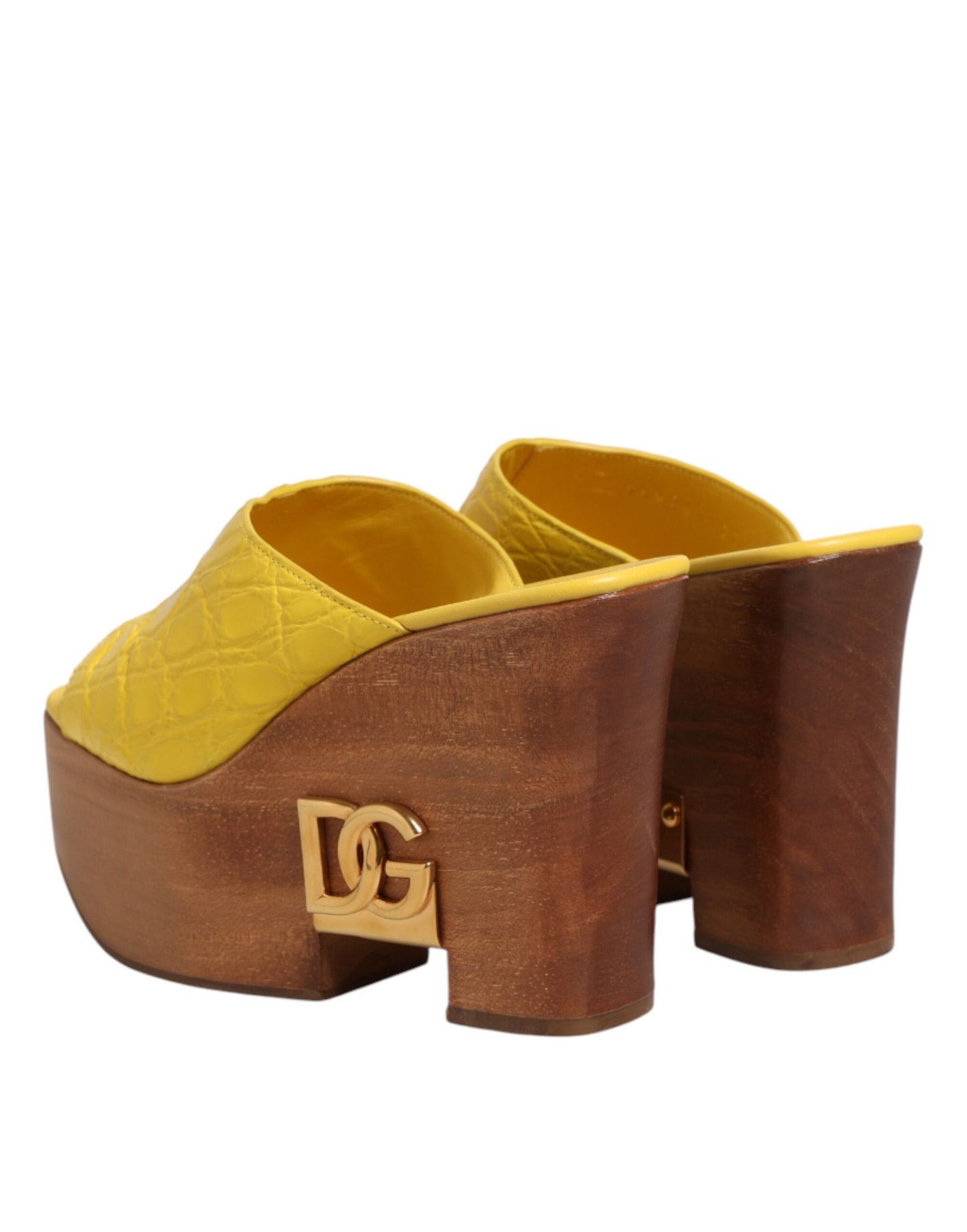 Dolce & Gabbana Yellow Leather Wood Mule Wedge Slides Shoes Curated Luxury Accessories by Orvyn