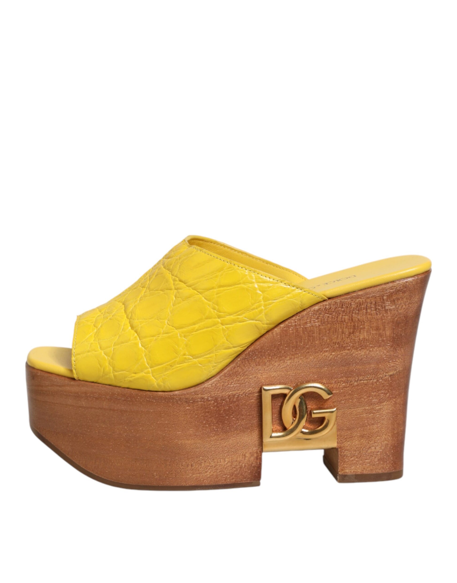 Dolce & Gabbana Yellow Leather Wood Mule Wedge Slides Shoes Curated Luxury Accessories by Orvyn
