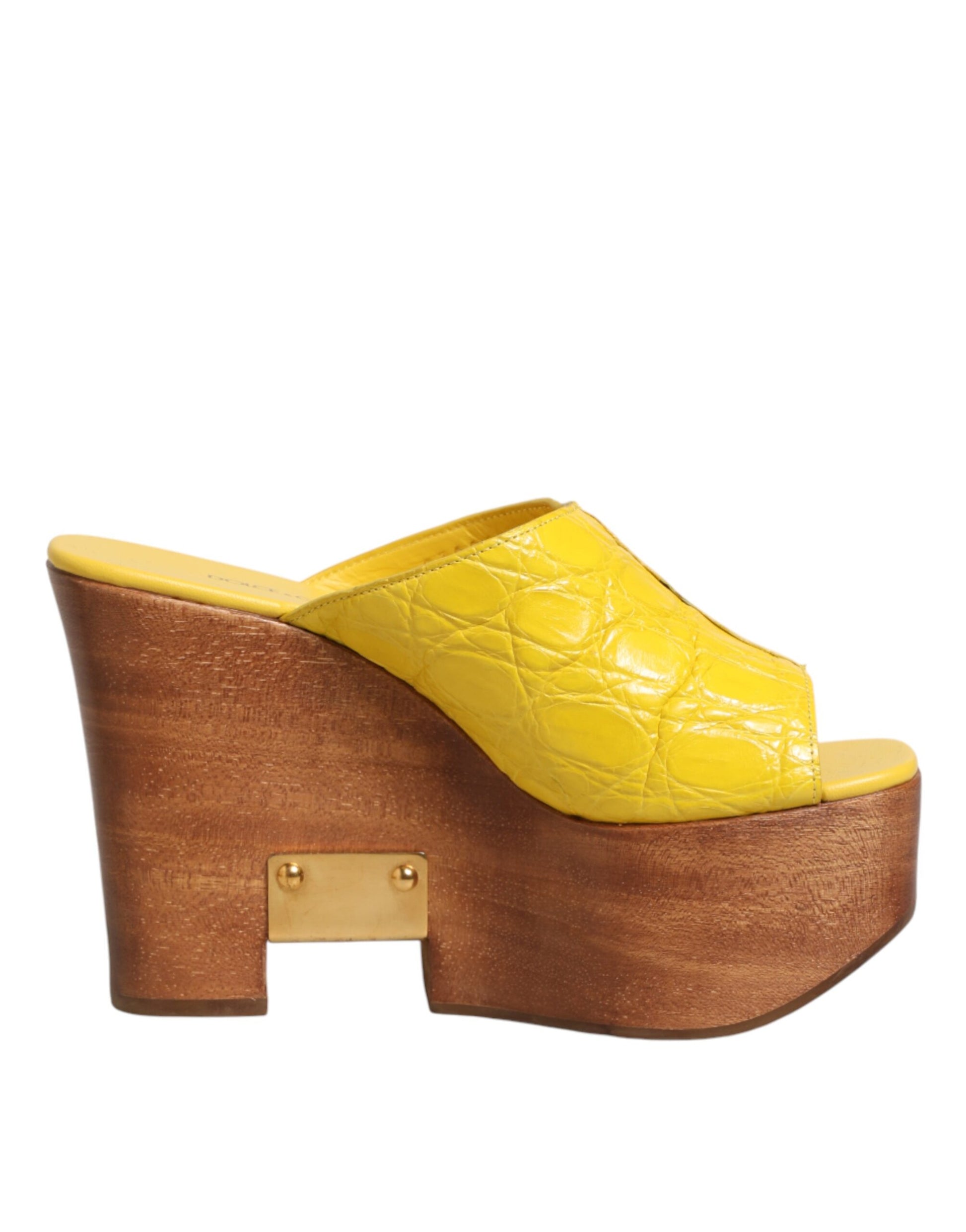 Dolce & Gabbana Yellow Leather Wood Mule Wedge Slides Shoes Curated Luxury Accessories by Orvyn