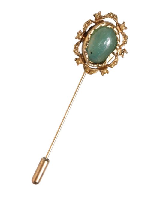 Dolce & Gabbana Gold Tone Green Stone Antique Men Accessory Brooch Pin Curated Luxury Accessories by Orvyn
