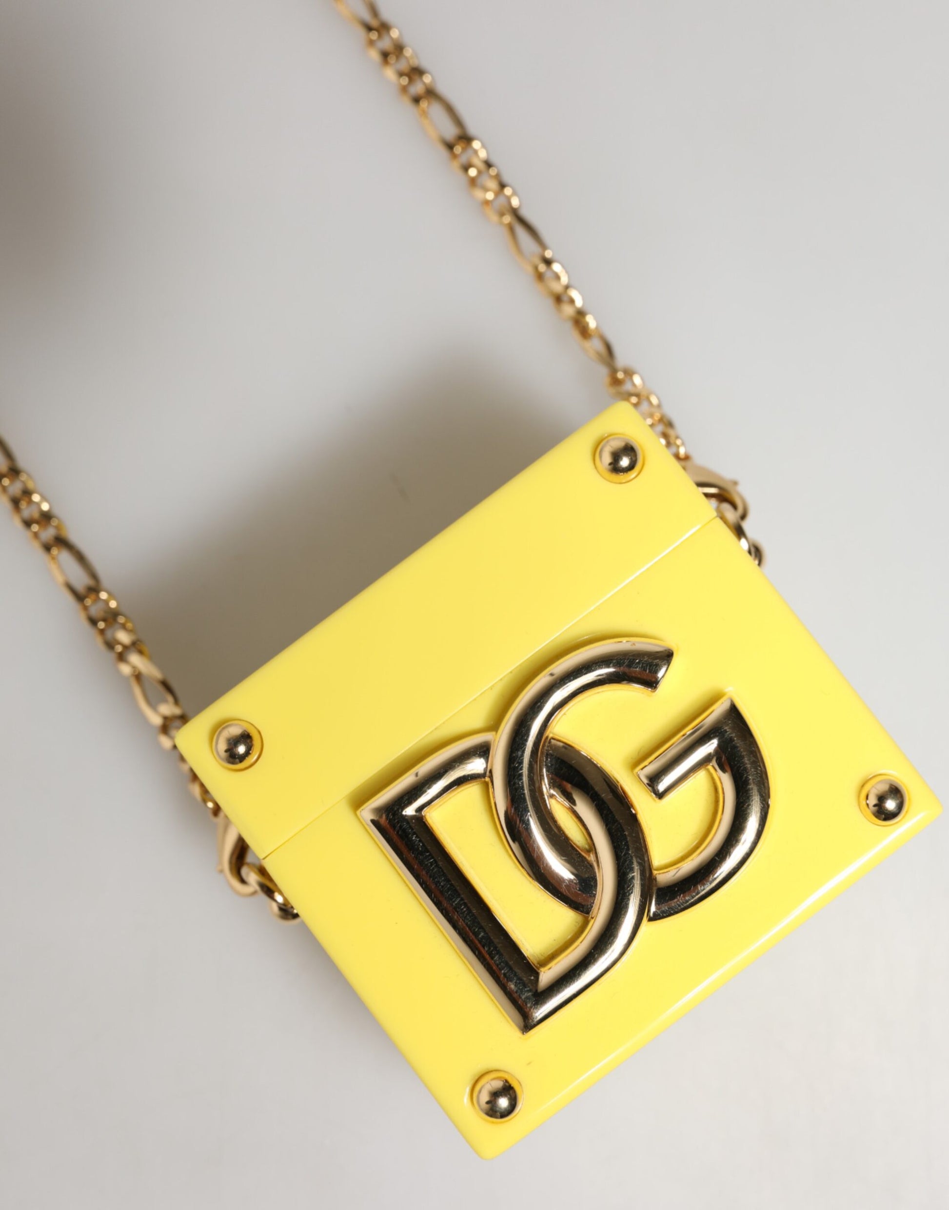 Dolce & Gabbana Yellow DG Logo Plaque Cover Gold Chain Airpods Case Curated Luxury Accessories by Orvyn