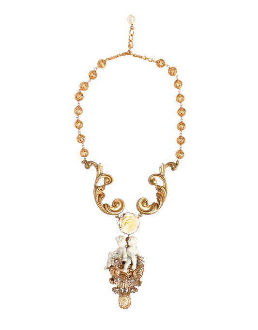Dolce & Gabbana Gold Ceramic Crystal Cherub Baroque Pendant Necklace Curated Luxury Accessories by Orvyn