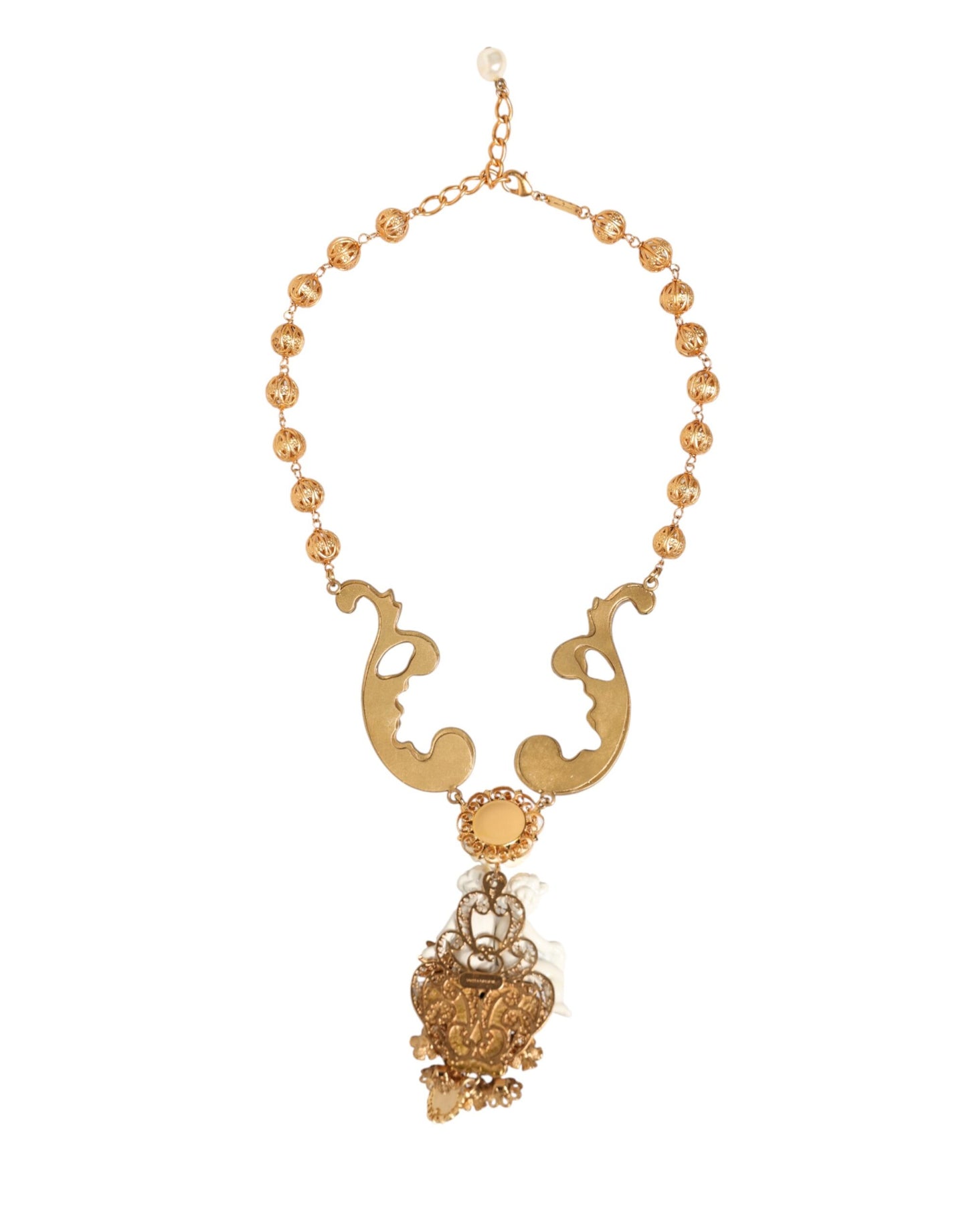 Dolce & Gabbana Gold Ceramic Crystal Cherub Baroque Pendant Necklace Curated Luxury Accessories by Orvyn