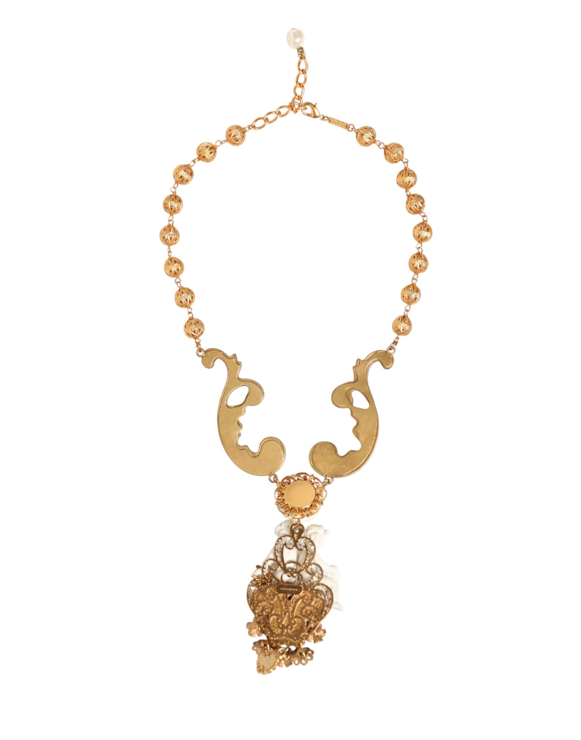 Dolce & Gabbana Gold Ceramic Crystal Cherub Baroque Pendant Necklace Curated Luxury Accessories by Orvyn