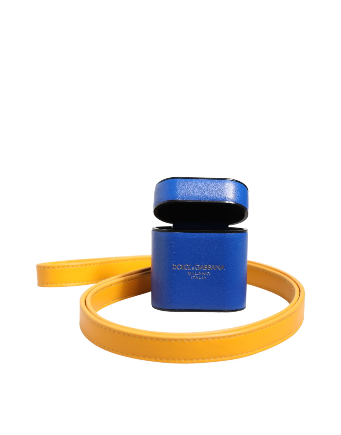 Dolce & Gabbana Blue Yellow Calfskin Leather Logo Strap Men Airpods Case Curated Luxury Accessories by Orvyn