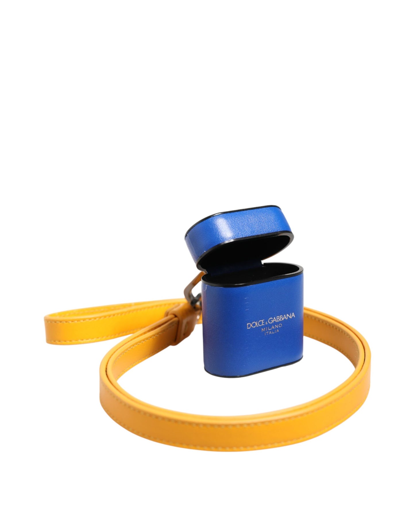 Dolce & Gabbana Blue Yellow Calfskin Leather Logo Strap Men Airpods Case Curated Luxury Accessories by Orvyn