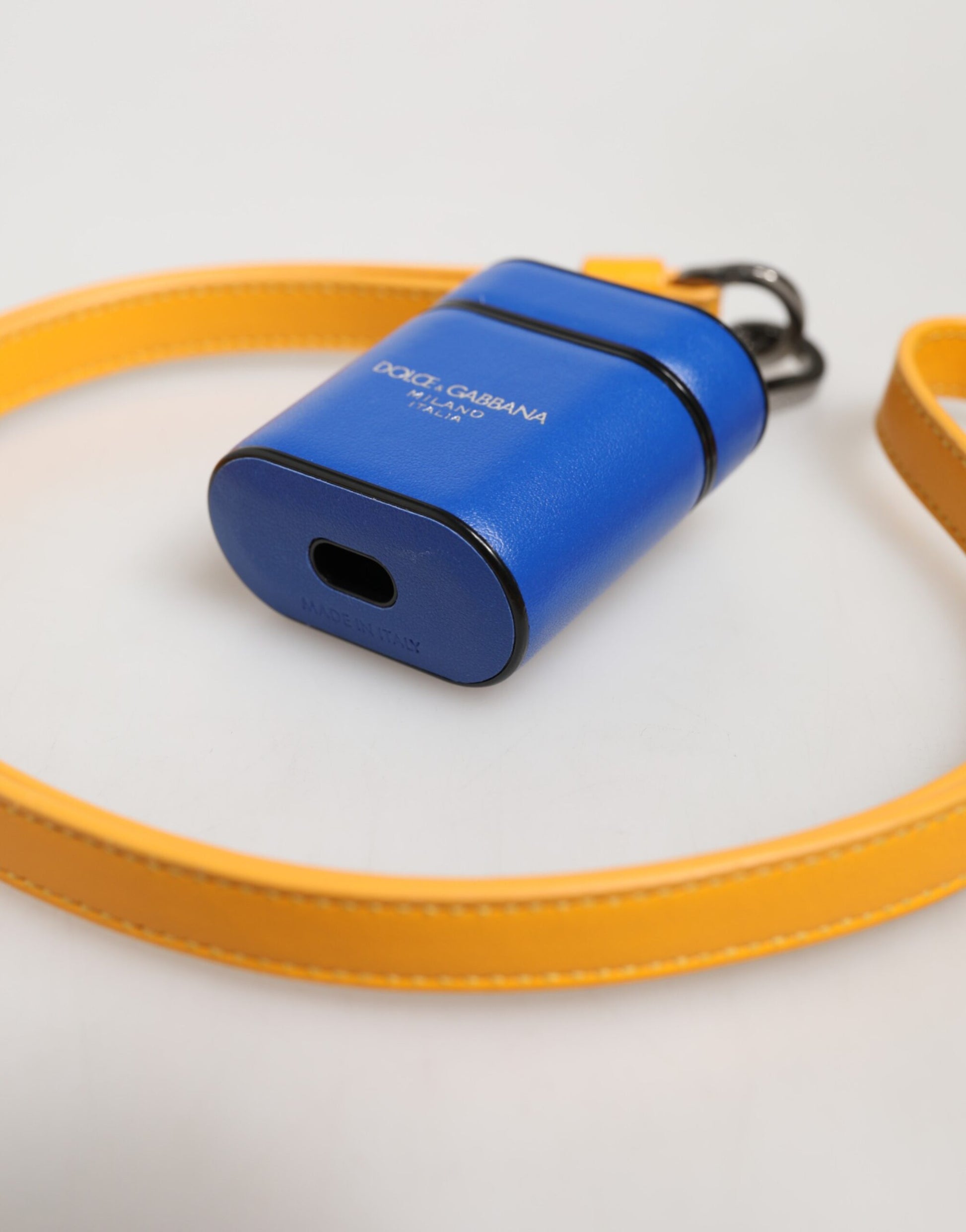 Dolce & Gabbana Blue Yellow Calfskin Leather Logo Strap Men Airpods Case Curated Luxury Accessories by Orvyn