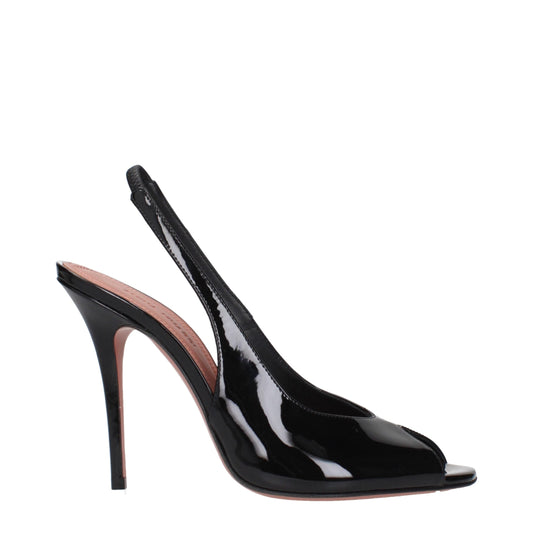 Amina Muaddi Black Leather Stiletto Heel Sandals Curated Luxury Accessories by Orvyn