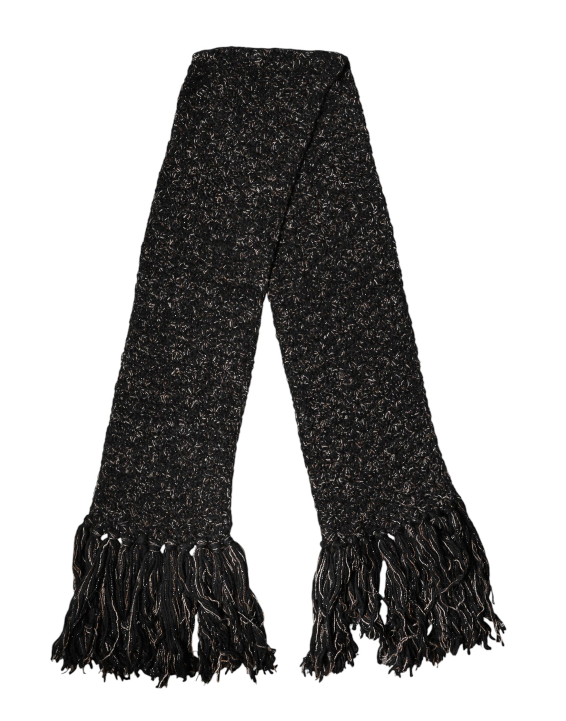 Dolce & Gabbana Black Wool Fringes Neck Wrap Foulard Scarf Curated Luxury Accessories by Orvyn