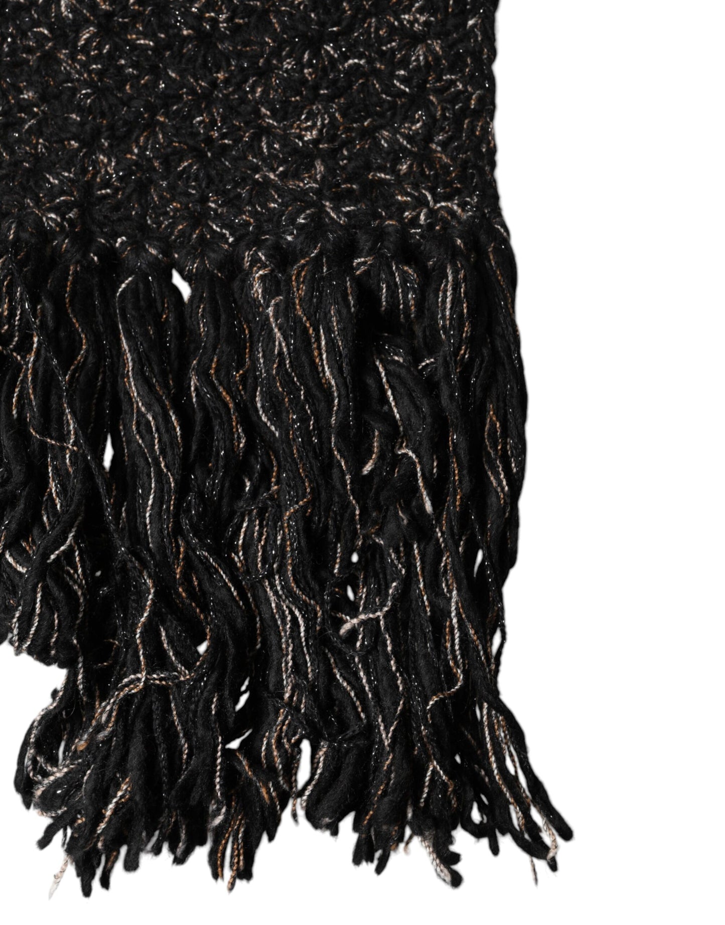 Dolce & Gabbana Black Wool Fringes Neck Wrap Foulard Scarf Curated Luxury Accessories by Orvyn