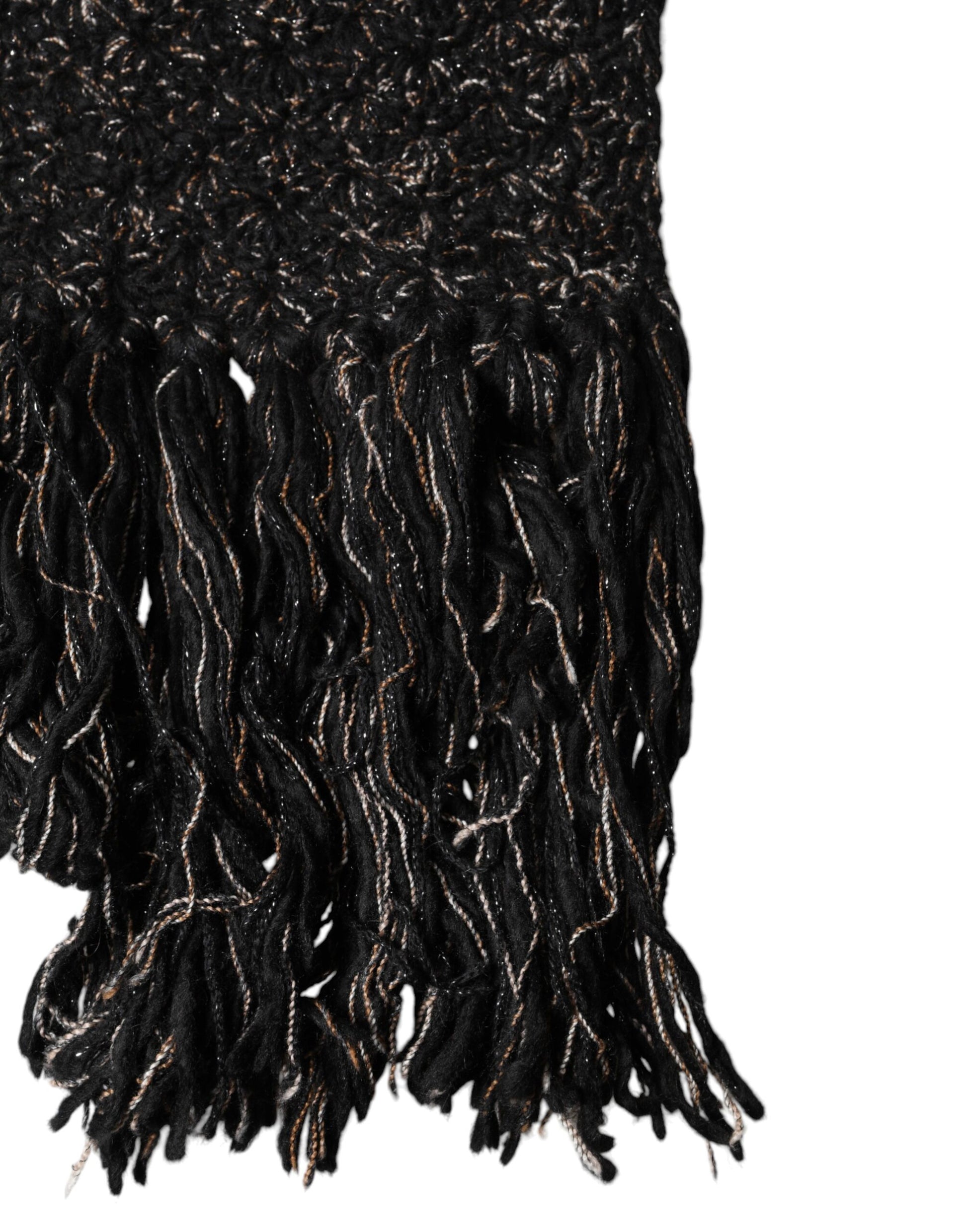Dolce & Gabbana Black Wool Fringes Neck Wrap Foulard Scarf Curated Luxury Accessories by Orvyn