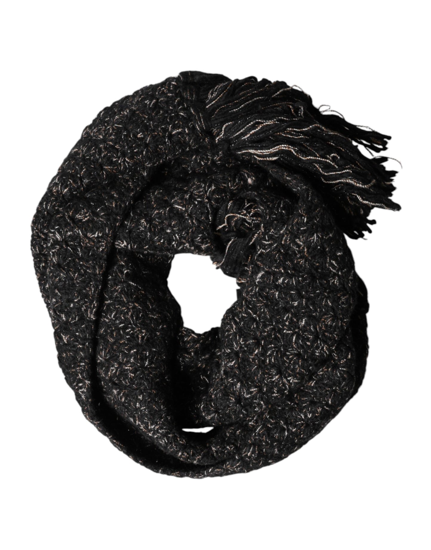 Dolce & Gabbana Black Wool Fringes Neck Wrap Foulard Scarf Curated Luxury Accessories by Orvyn