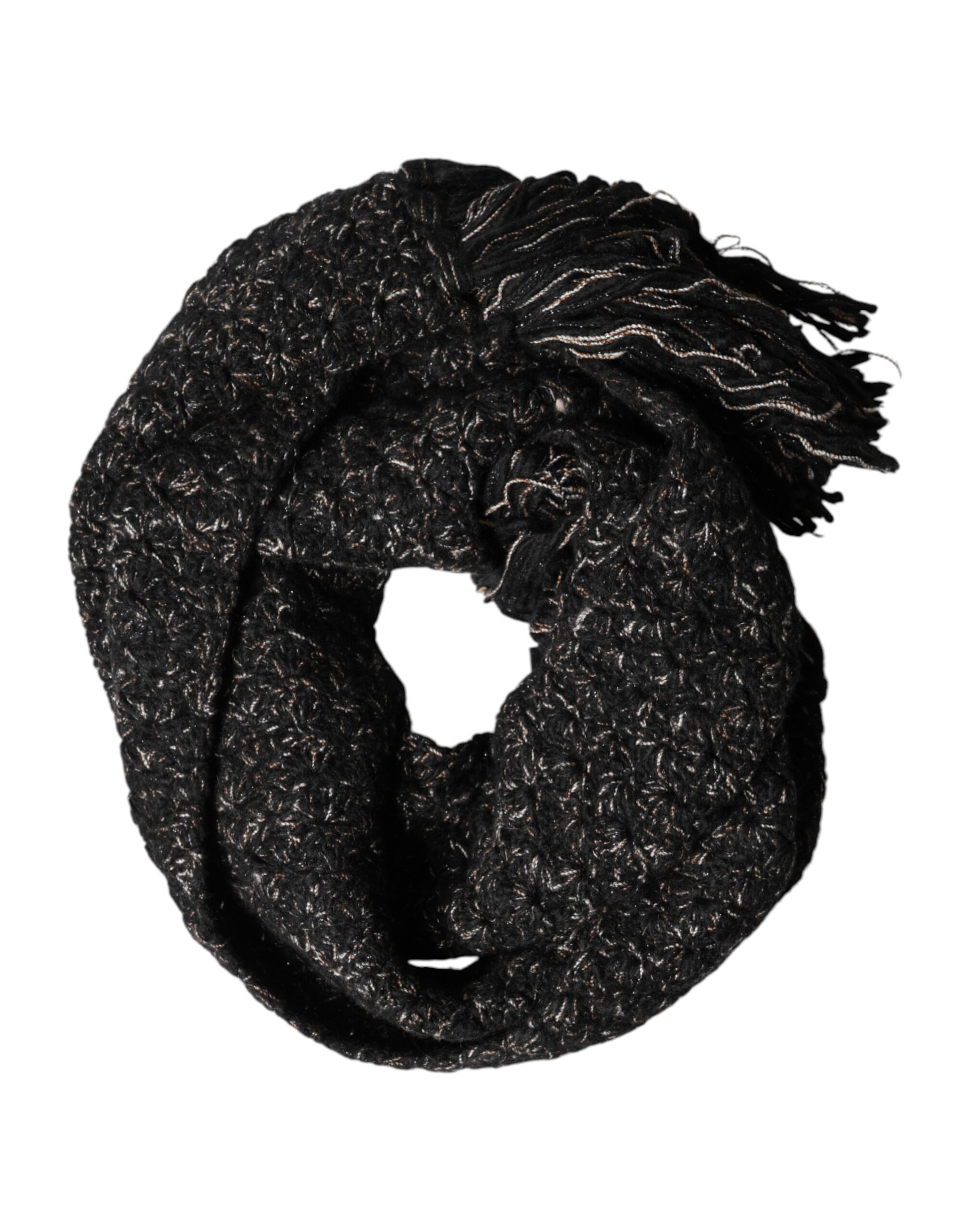 Dolce & Gabbana Black Wool Fringes Neck Wrap Foulard Scarf Curated Luxury Accessories by Orvyn