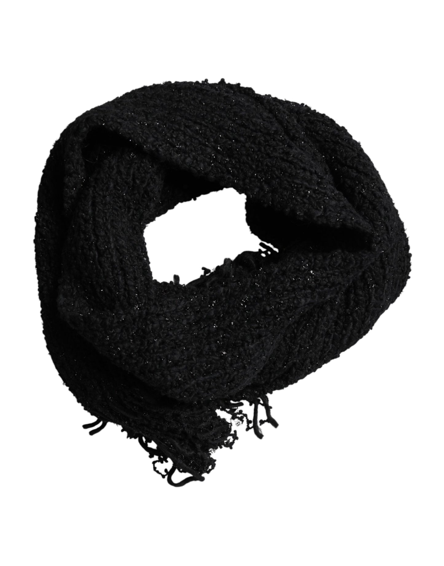 Dolce & Gabbana Black Wool Fringes Neck Wrap Foulard Scarf Curated Luxury Accessories by Orvyn