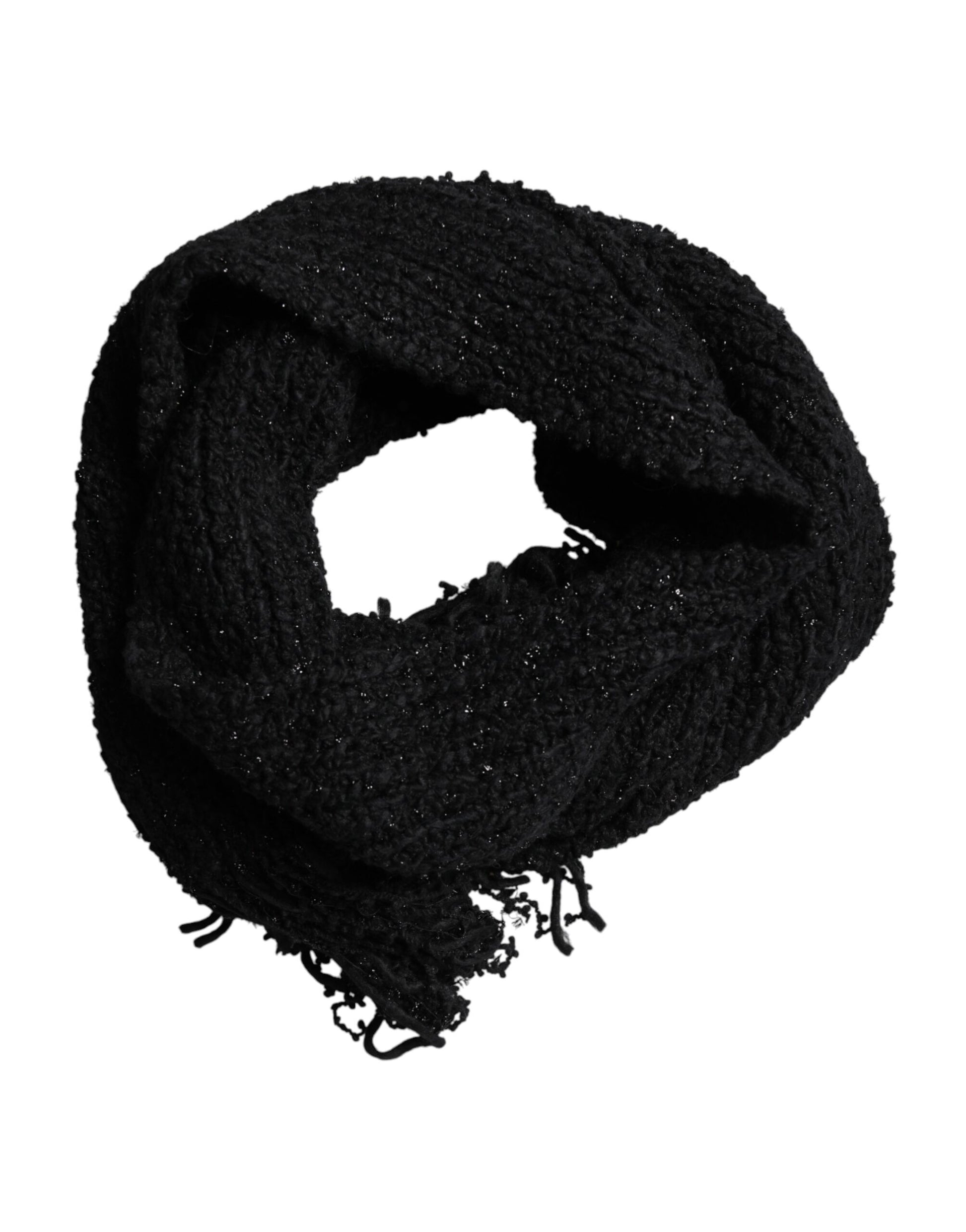 Dolce & Gabbana Black Wool Fringes Neck Wrap Foulard Scarf Curated Luxury Accessories by Orvyn