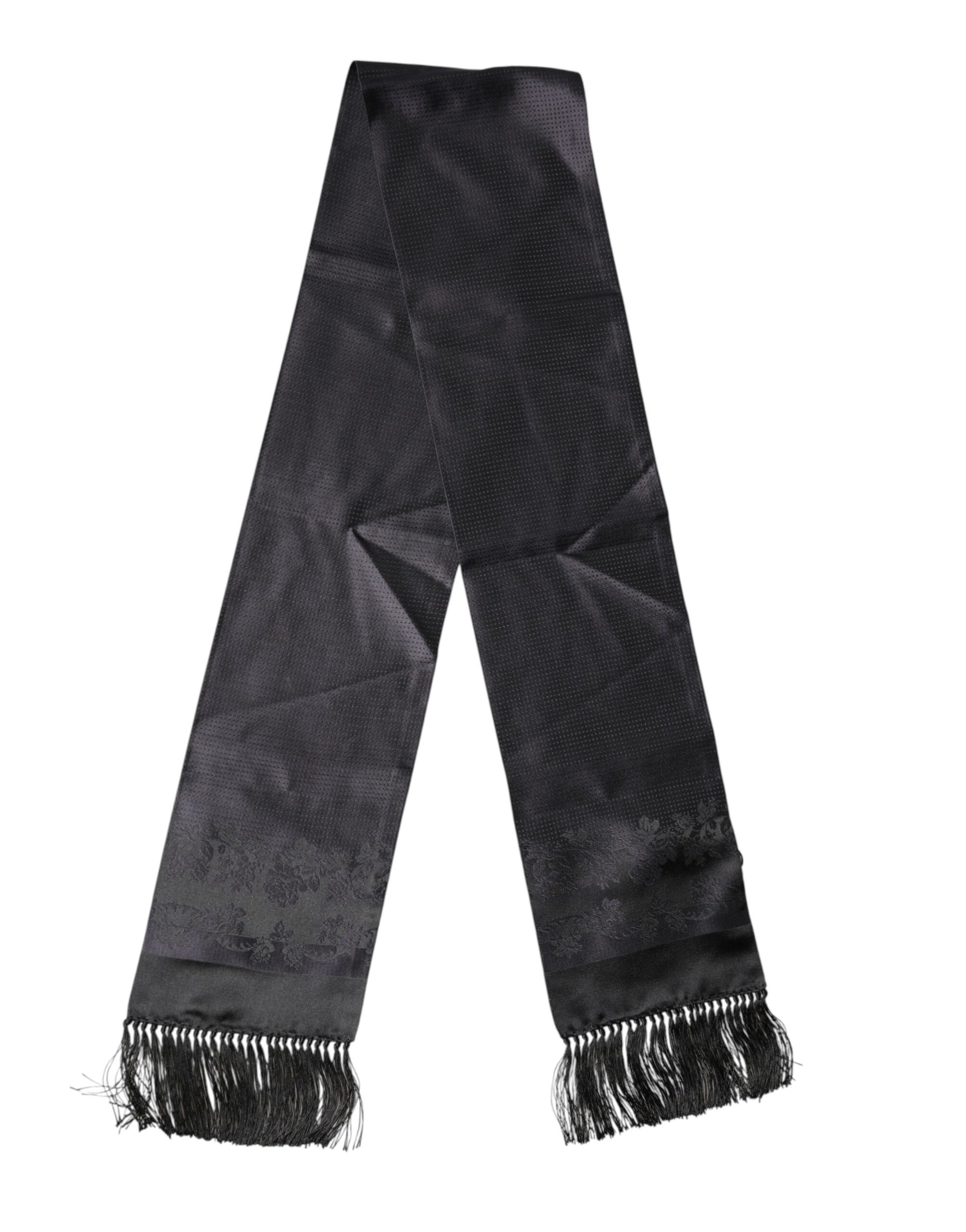 Dolce & Gabbana Black Satin Silk Fringes Neck Foulard Scarf Curated Luxury Accessories by Orvyn