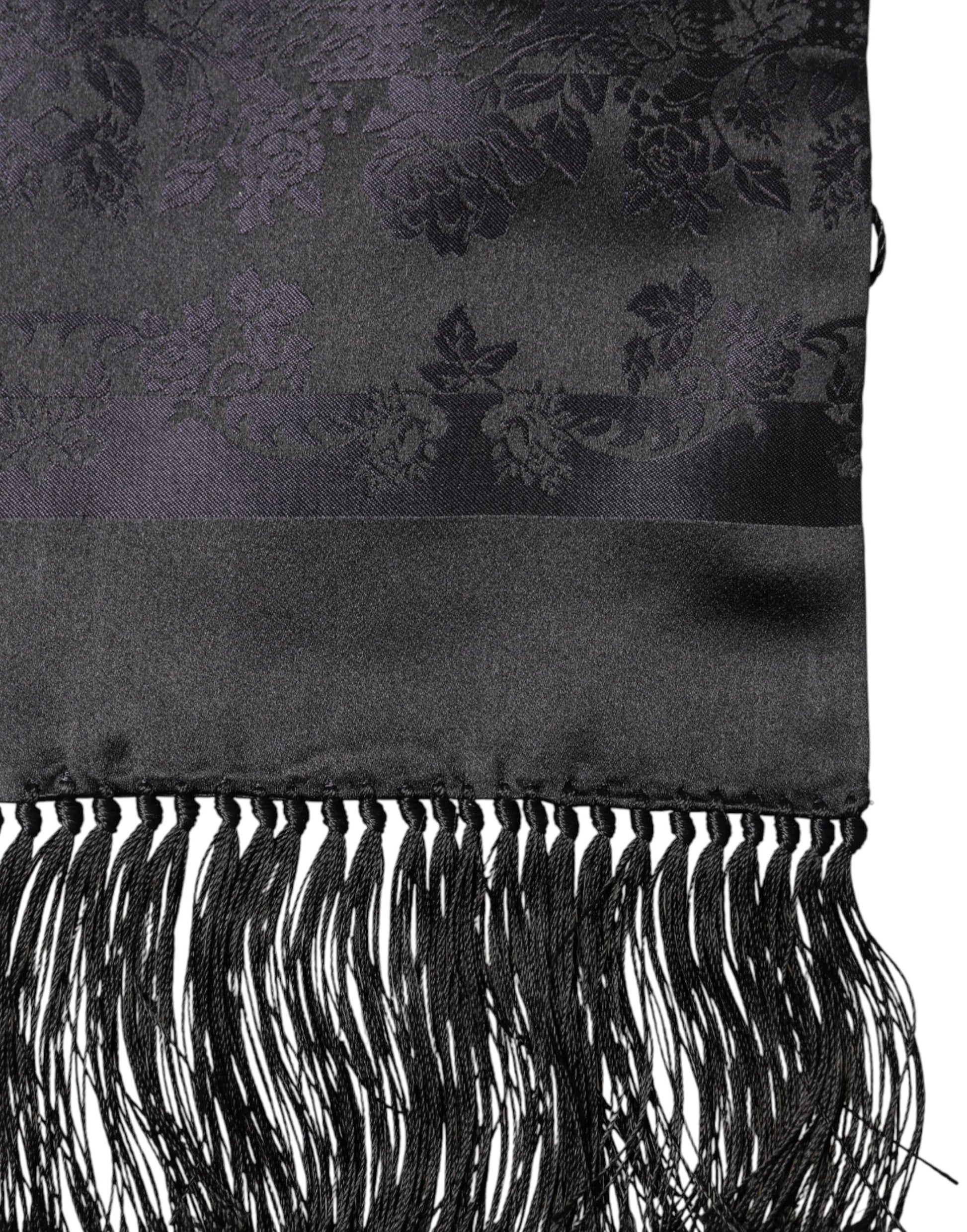 Dolce & Gabbana Black Satin Silk Fringes Neck Foulard Scarf Curated Luxury Accessories by Orvyn
