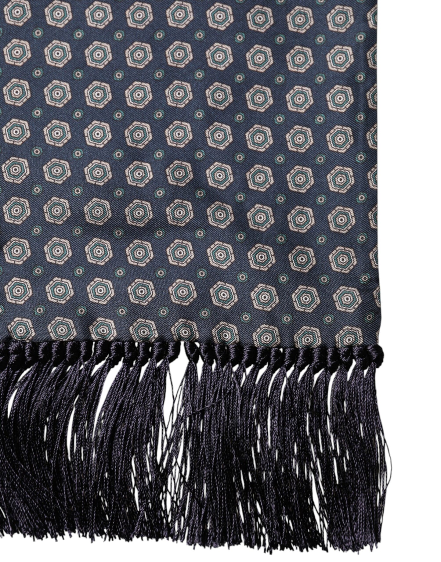 Dolce & Gabbana Blue Patterned Silk Fringes Foulard 138cm x 15.5cm Scarf Curated Luxury Accessories by Orvyn